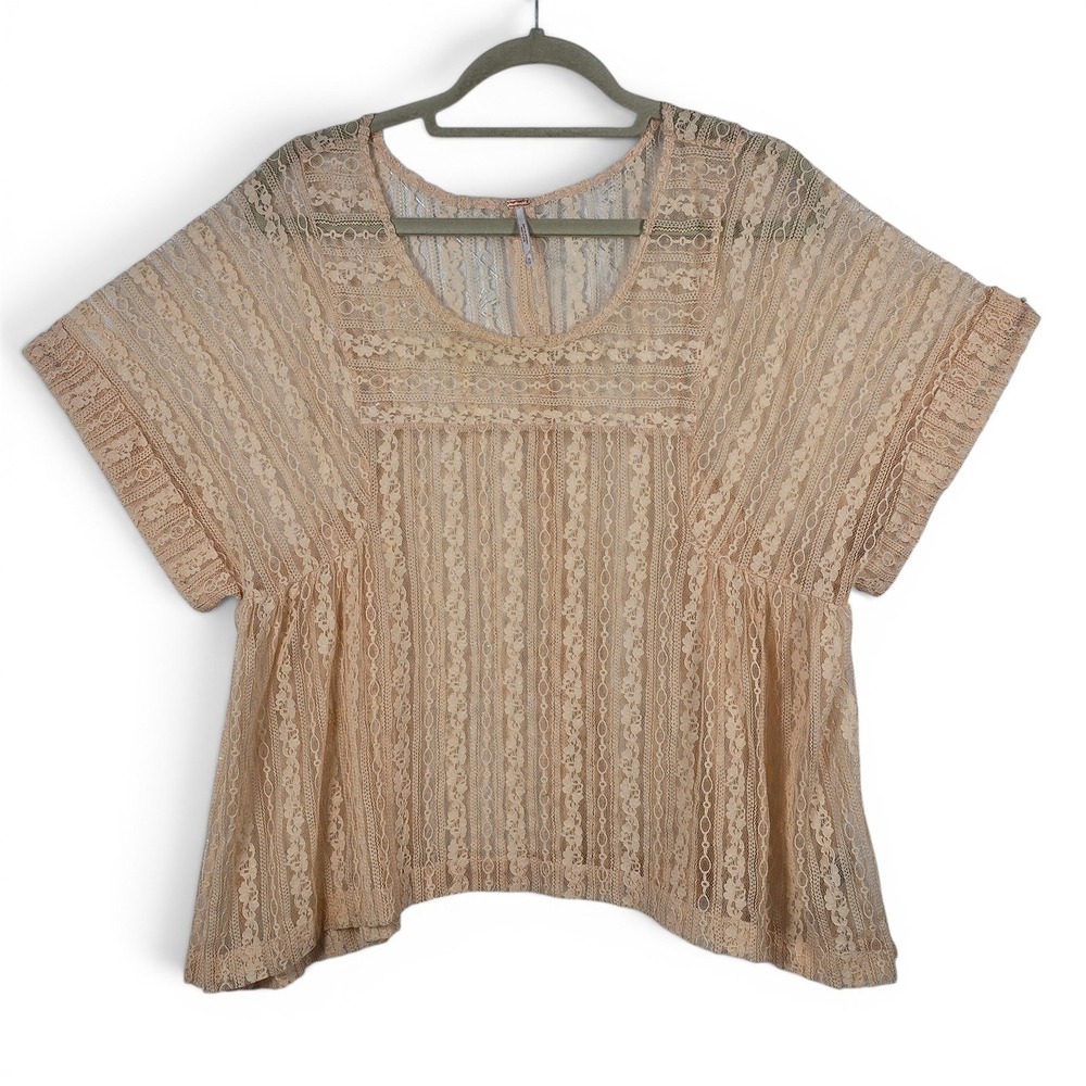 Free‎ People Womens Peach Sheer Floral Lace Baby Doll Boho Top Medium